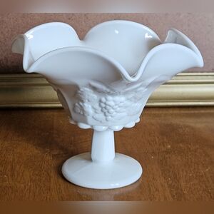 Westmoreland Milk Glass Paneled Grape Design 6.5" Footed Lipped Compote